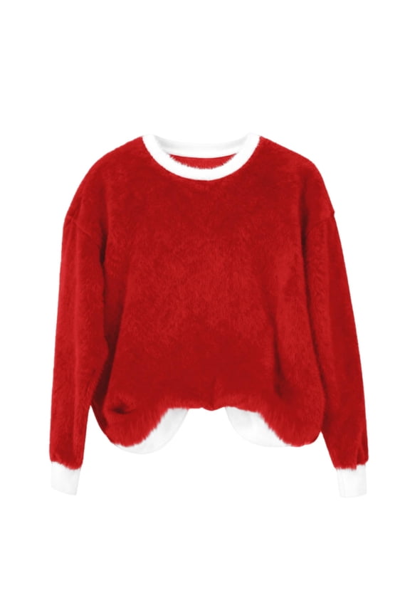 Women's Plush Oversized Sweatshirt,Color Block Tops Fashion Clothing ,Crewneck Pullover Tops Red,Womens Plus L