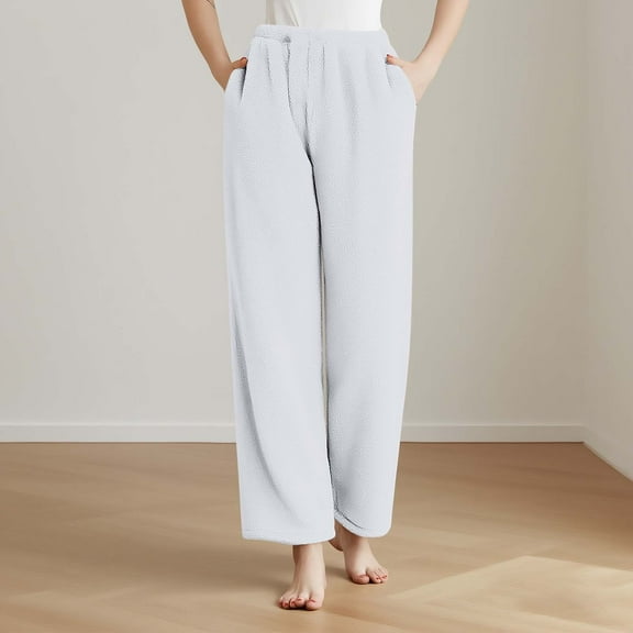 ClodeEU Women's Plush Sleep Pants, Elastic Waist Pant With Pockets,Casual Warm Fleece Pant White,Womens Plus M