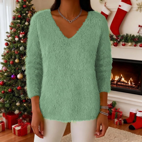 ClodeEU Women's Plush Sweater, Three Quarter Sleeve V Neck Pullover,Casual Cozy Tops Green,Womens Plus XL