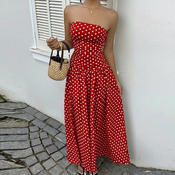 ClodeEU Women's Polka Dot Bandage High Waist A Line Maxi Dress ,Strapless Slim Fit Long Dress Red,Womens Plus L