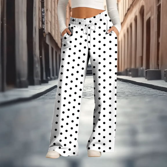 ClodeEU Women's Polka Dot Drawstring Wide Leg Pants With Pockets,Loose Casual Pant White,Womens Plus S