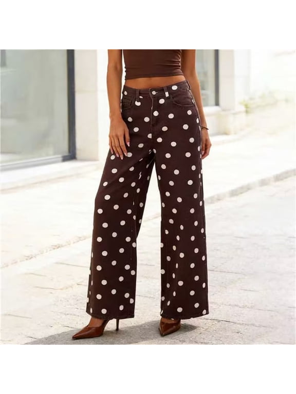 Women's Polka Dot High Waist Straight Leg Pants,Casual Loose Summer Trousers with Pocket Wine,Women's Plus L