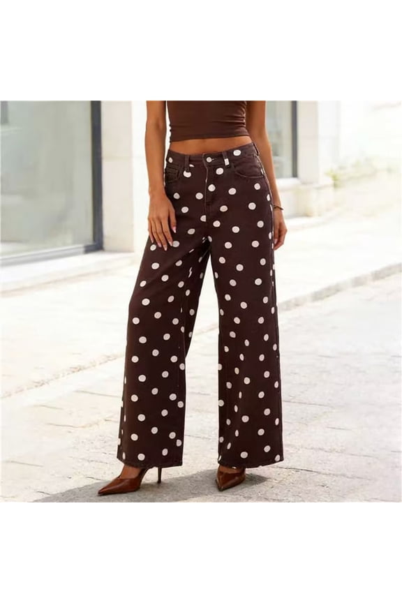 Women's Polka Dot High Waist Straight Leg Pants,Casual Loose Summer Trousers with Pocket Wine,Women's Plus XL