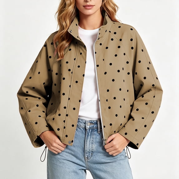 ClodeEU Women's Polka Dot Lapel Zip Long Sleeve Jacket,Casual Outerwear with Drawstring Hem ,Women's Plus M