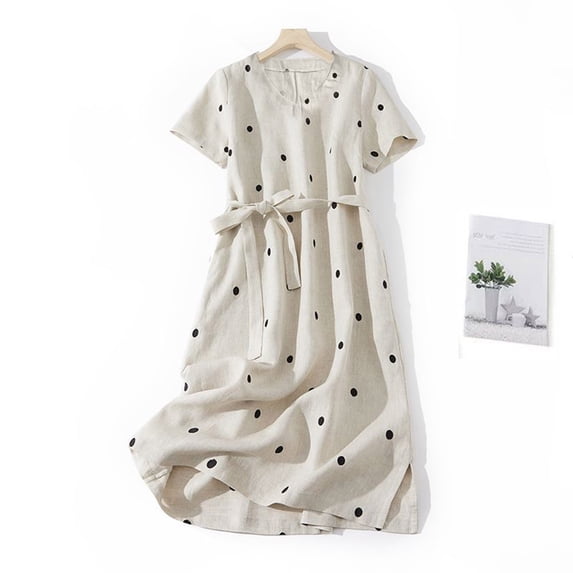 ClodeEU Women's Polka Dot Print Linen Blend Short Sleeve Tie Waist Maxi Dress,Casual Loose Summer Dress Beige,Women's Plus L