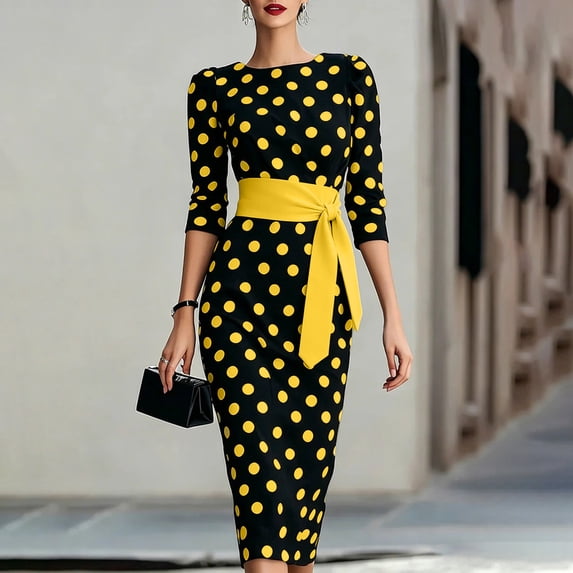 ClodeEU Women's Polka Dot Round Neck 3/4 Sleeve Self Belt Waist Bodycon Midi Pencil Dress,Vintage Elegant Cocktail Party Dress Yellow,Women's Plus L