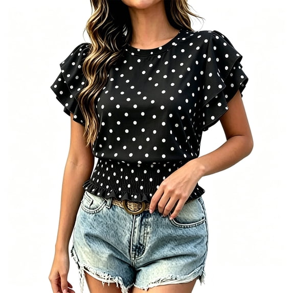 ClodeEU Women's Polka Dot Round Neck Ruffle Short Sleeve Peplum Crop Blouse,Casual Summer Flowy Waist Shirred Top Black,Women's Plus L