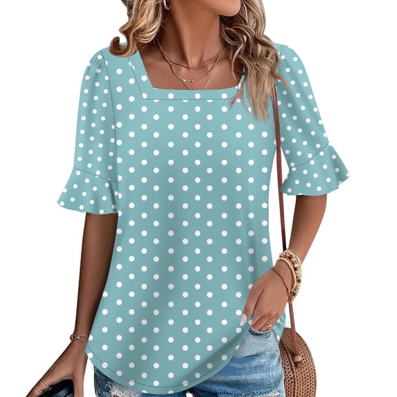 ClodeEU Women's Polka Dot Ruffle Sleeve Blouse,Square Neck Casual Tunic Top Light Blue,Women's Plus M