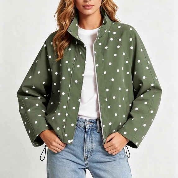 ClodeEU Women's Polka Dot Stand Collar Jacket, Casual Zip Up Drawstring Hem Long Sleeve Outerwear ,Women's S-3XL