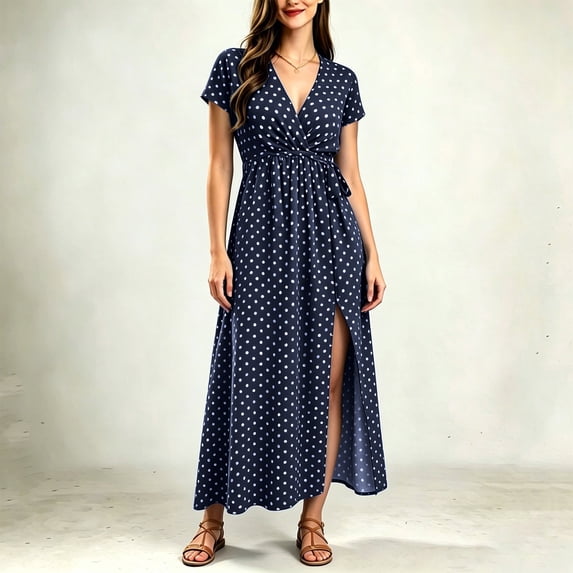 ClodeEU Women's Polka Dot V Neck Short Sleeve Waist Tie High Side Slit Wrap Maxi Dress,Casual Summer Beach Vacation Dress Dark Blue,Women's Plus XXXL