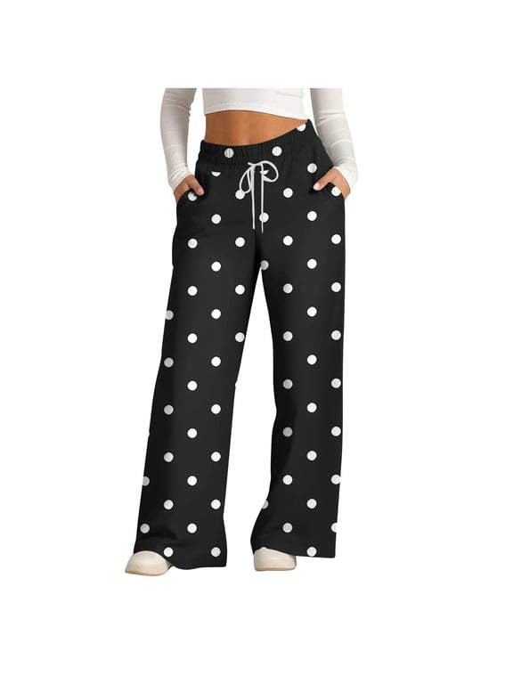Women's Polka Dot Wide Leg Pants, Casual Printed Loose Fit Drawstring Trousers Black,Womens Plus L