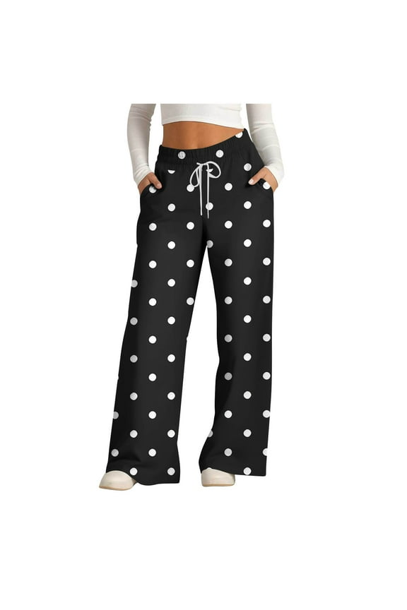 Women's Polka Dot Wide Leg Pants, Casual Printed Loose Fit Drawstring Trousers Black,Womens Plus S