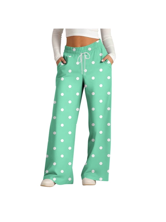 Women's Polka Dot Wide Leg Pants, Casual Printed Loose Fit Drawstring Trousers Mint Green,Womens Plus S