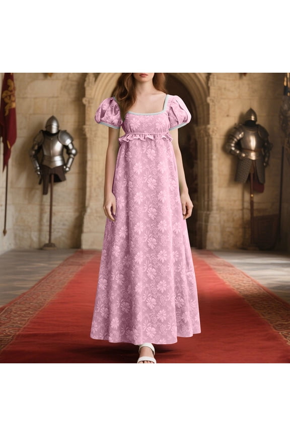 U Women's Print Square Neck Midi Dress,Short Puff Sleeve Empire Waist Tunic Long Swing Dress Pink,Womens Plus XL