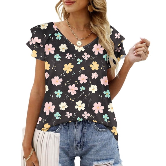 ClodeEU Women's Print V-Neck Short Sleeve Blouse with Flounce Sleeve,Summer Trendy Shirts A-Black,Womens Plus M