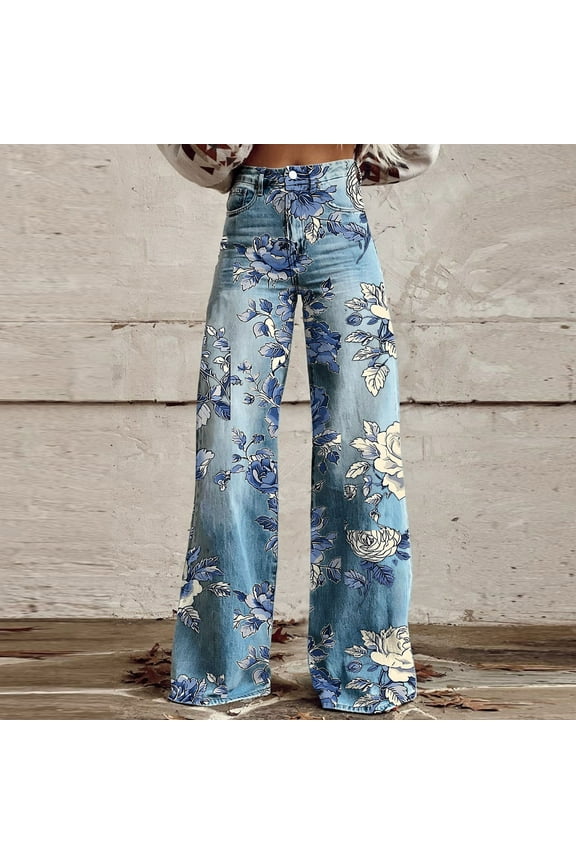 Women's Printed Denim Pant,High Waist Wide Leg Jean,Button Zipper Pocket Casual Pant Blue,Womens Plus M