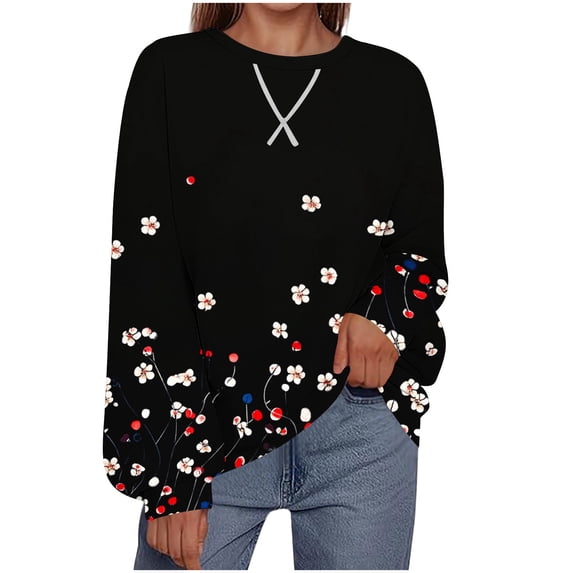 ClodeEU Women's Printed Loose-Fit Round Neck Drop Shoulder Sweatshirt ,Plus Size Spring Clothes Black,Womens Plus S
