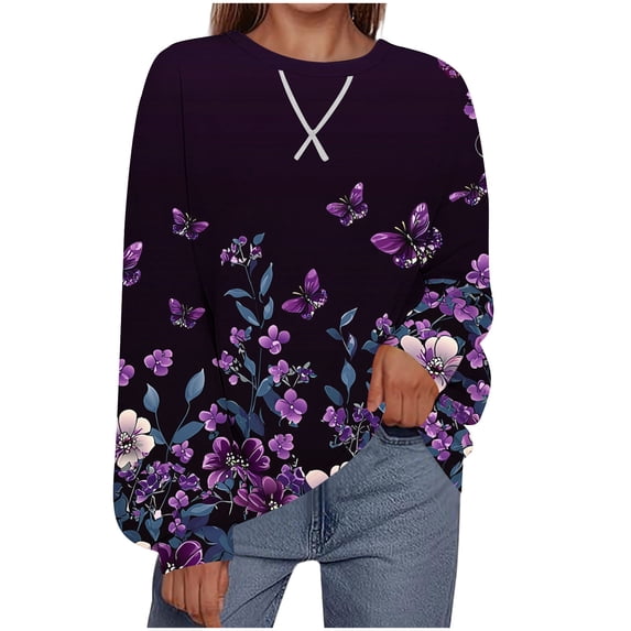 ClodeEU Women's Printed Loose-Fit Round Neck Drop Shoulder Sweatshirt ,Plus Size Spring Clothes Purple,Womens Plus L