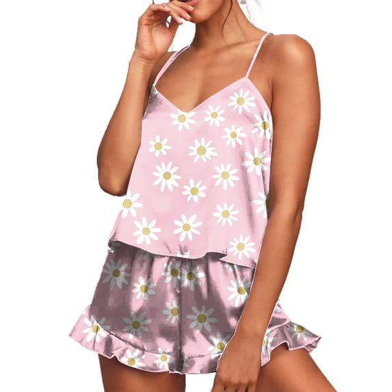 ClodeEU Women's Printed Ruffle Trim Pajama Set,Spaghetti Strap Loungewear Sleepwear Pink^,Womens Plus L