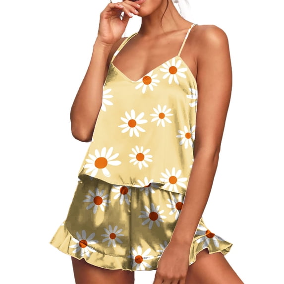ClodeEU Women's Printed Ruffle Trim Pajama Set,Spaghetti Strap Loungewear Sleepwear Yellow,Womens Plus S