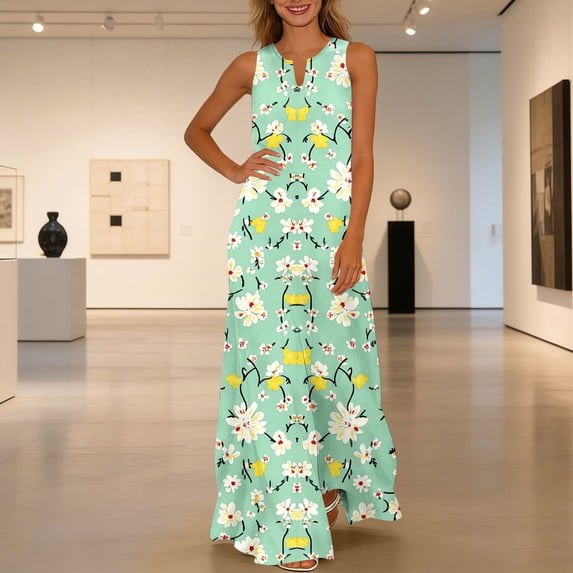 ClodeEU Women's Printed Sleeveless V Neck Dress ,Casual Summer Midi Dress I-Multicolor,Womens Plus XL