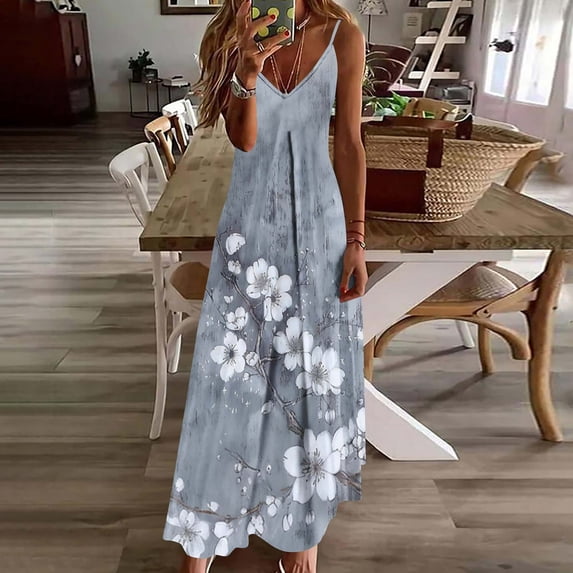 ClodeEU Women's Printed Spaghetti Strap Maxi Dress ，Boho V Neck Casual Floral Summer Sundress for Beach Vacation Multicolor05,Womens Plus M