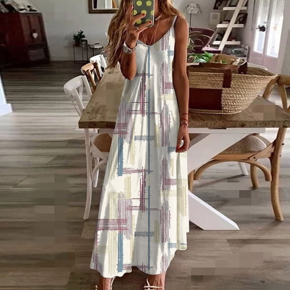 ClodeEU Women's Printed V Neck Sleeveless Spaghetti Strap Summer Loose Tunic Maxi Dress Multicolor,Womens Plus XL