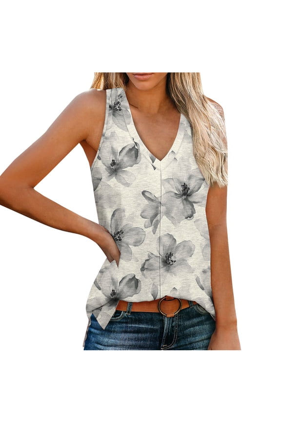 Women's Printed V Neck Sleeveless Tank Top,Trendy Boho Chic Spring Summer Shirts Beige,Womens Plus M