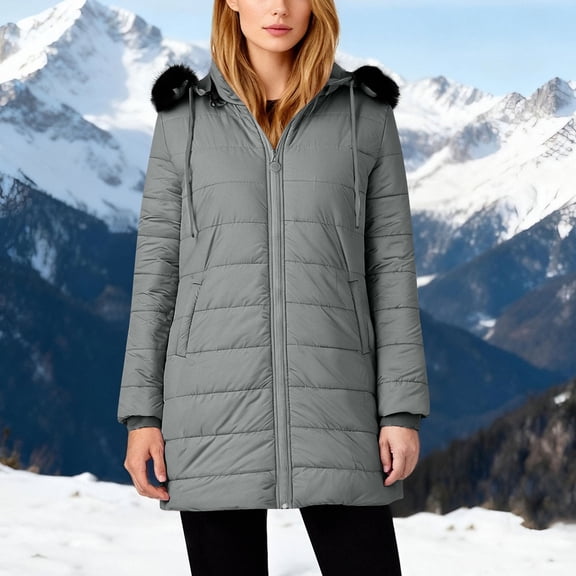 ClodeEU Women's Puffer Hooded Jacket, Lightweight Mid-Length Winter Puffer Coat With Pockets Gray,Womens Plus S