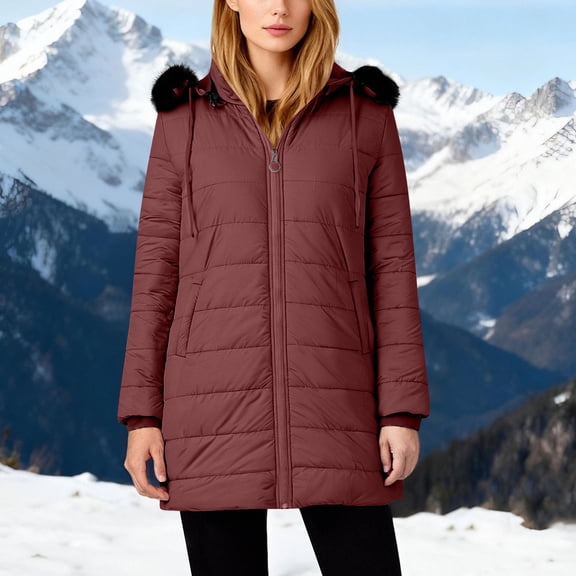 ClodeEU Women's Puffer Hooded Jacket, Lightweight Mid-Length Winter Puffer Coat With Pockets Wine,Womens Plus M