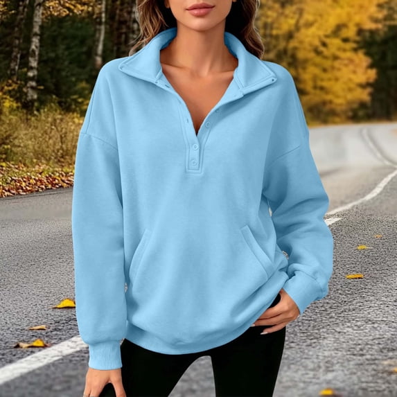 ClodeEU Women's Quarter Button Collared Long Sleeve Sweatshirt,Casual Loose Pullover Top with Pockets Light Blue,Women's Plus M