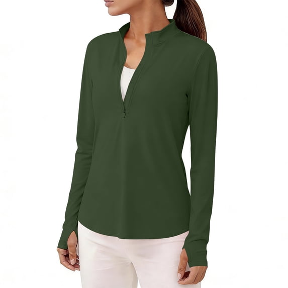 ClodeEU Women's Quick Dry UPF Sun Protection Long Sleeve Mock Neck Top , Solid Color Zip Up Athletic Shirt with Pockets Army Green,Womens Plus XXL