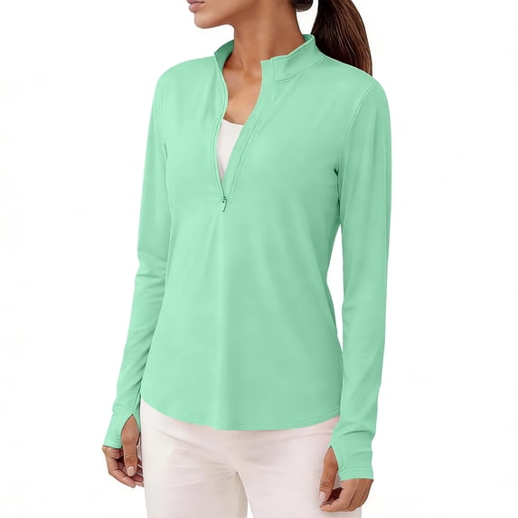 ClodeEU Women's Quick Dry UPF Sun Protection Long Sleeve Mock Neck Top , Solid Color Zip Up Athletic Shirt with Pockets Green,Womens Plus S