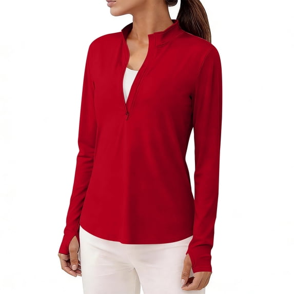 ClodeEU Women's Quick Dry UPF Sun Protection Long Sleeve Mock Neck Top , Solid Color Zip Up Athletic Shirt with Pockets Red,Womens Plus S