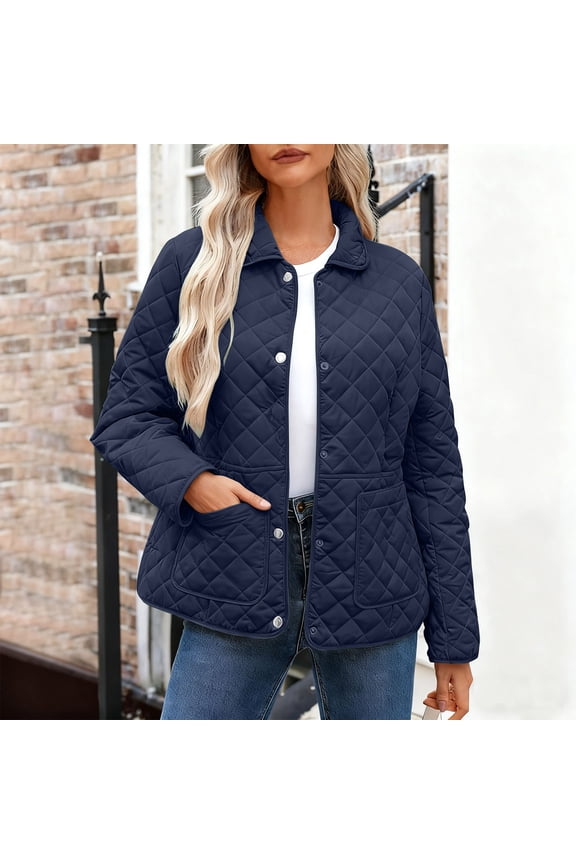 Women's Quilted Coat,Lapel Zip Up Jacket With Pockets,Long Sleeve Loose Fit Jacket Navy,Womens Plus XXL