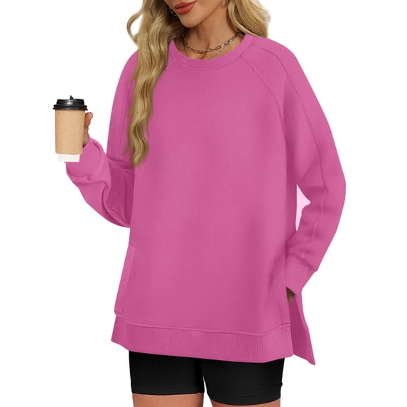 ClodeEU Women's Raglan Sleeve Sweatshirt ,Solid Color Crewneck Pullover Top with Side Slit Hem Hot Pink,Womens Plus XL