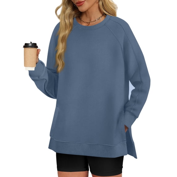 ClodeEU Women's Raglan Sleeve Sweatshirt ,Solid Color Crewneck Pullover Top with Side Slit Hem Light Blue,Womens Plus L