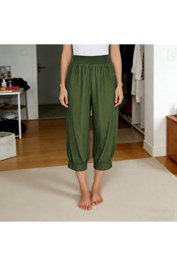 Women's Relaxed Fit Harem Cropped Pants,Elastic Waist Loose Wide Leg Pants with Pockets Army Green,Womens Plus S
