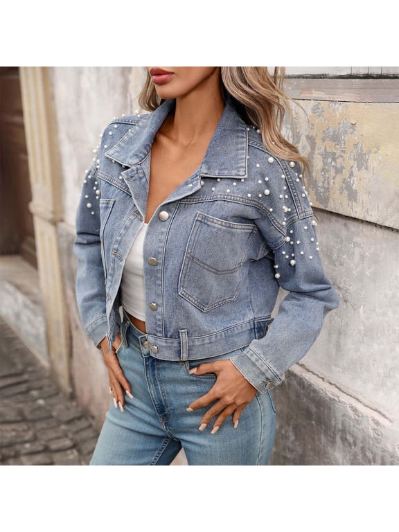 Women's Rhinestone Long Sleeve Cropped Denim Jacket, Button-Down Collar Classic Sparkle Jean Coat Blue,Womens Plus XL