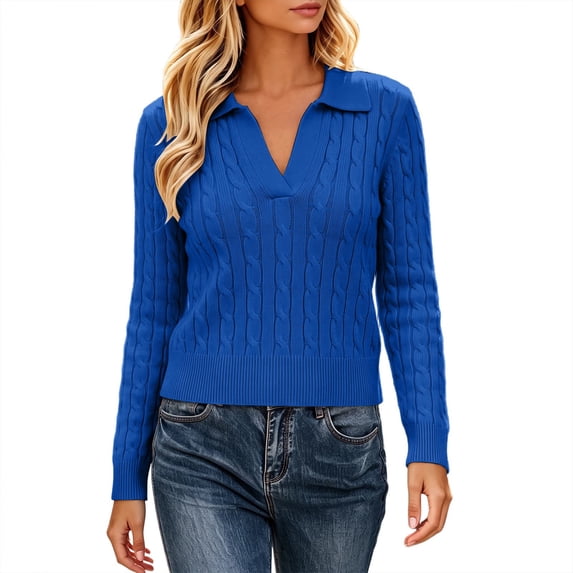 ClodeEU Women's Ribbed Collared V Neck Long Sleeve Knit Top,Casual Slim Fit Sweater Shirt ,Women's Plus XL