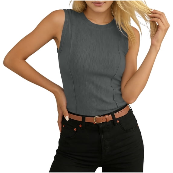 ClodeEU Women's Ribbed Crewneck Athletic Tank Top,Solid Color Casual Slim Fit Pullover Vest Gray,Womens Plus L
