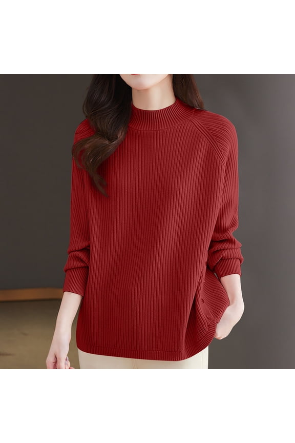 Women's Ribbed Crewneck Sweater,Oversized Soft Long Sleeve , Hem Slouchy Pullover Top Red,Womens Plus Free Size