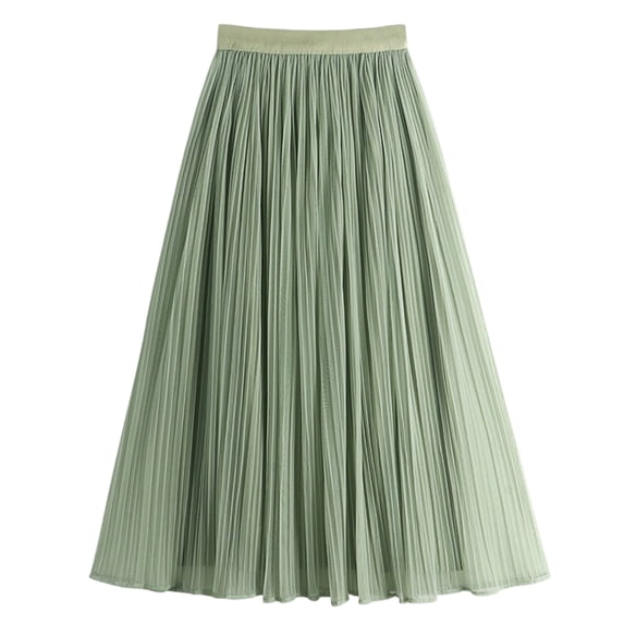 ClodeEU Women's Ribbed Ice Silk A Line Pleated Midi Skirt with Mesh,Flowy Casual Skirt Green,Womens Plus Free Size
