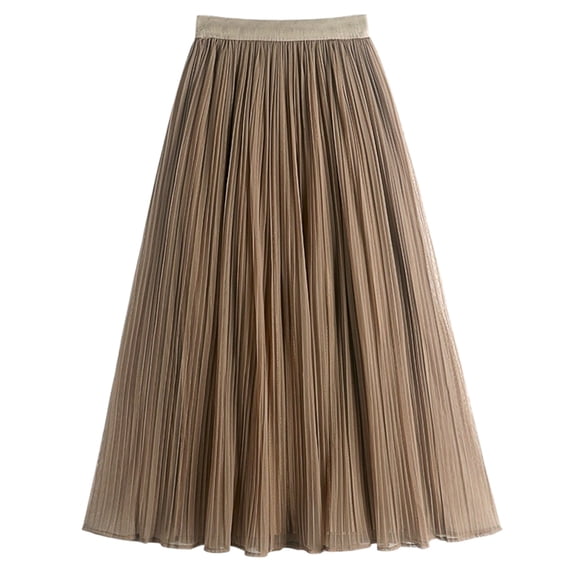 ClodeEU Women's Ribbed Ice Silk A Line Pleated Midi Skirt with Mesh,Flowy Casual Skirt Khaki,Womens Plus Free Size