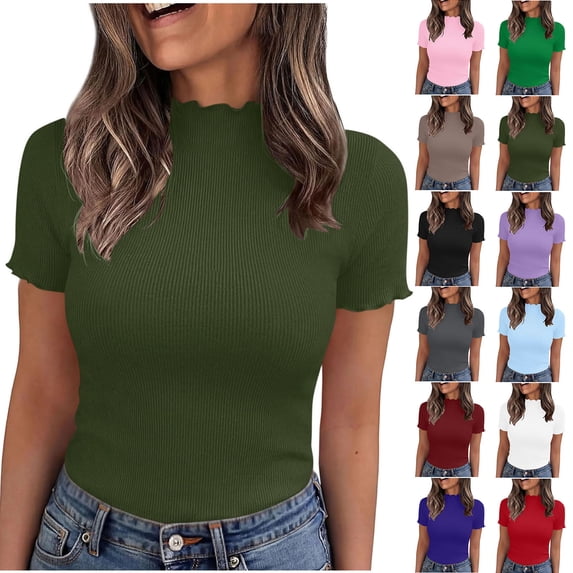 ClodeEU Women's Ribbed Knit Mock Neck T-Shirt, Short Sleeve Fitted Basic Top Green,Women's Plus S