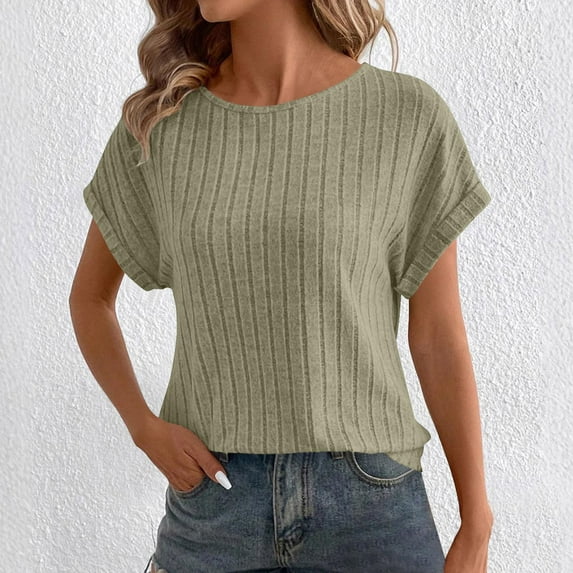ClodeEU Women's Ribbed Knit Short Sleeve Top ,Solid Color Round Neck Loose Blouses A-Army Green,Womens Plus L