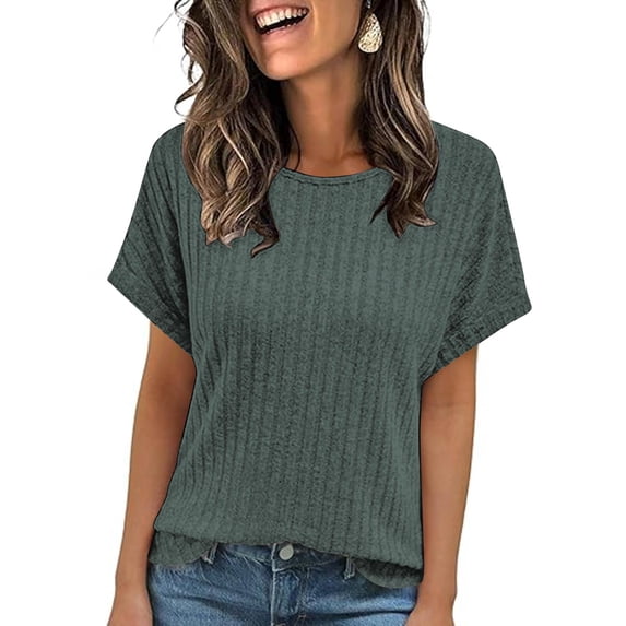 ClodeEU Women's Ribbed Knit Short Sleeve Top ,Solid Color Round Neck Loose Blouses B-Army Green,Womens Plus XL