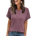thumbnail image 1 of ClodeEU Women's Ribbed Knit Short Sleeve Top ,Solid Color Round Neck Loose Blouses B-Purple,Womens Plus M, 1 of 8