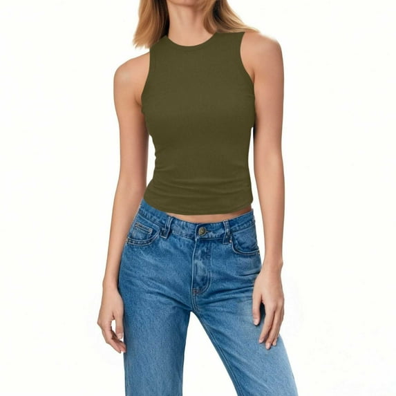 ClodeEU Women's Ribbed Knit Sleeveless Top,Solid Color Round Neck Casual Slim Fit Tank Army Green,Womens Plus L
