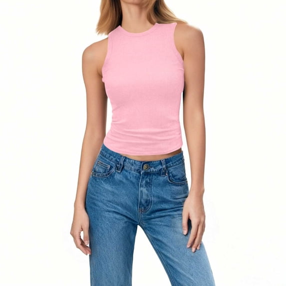 ClodeEU Women's Ribbed Knit Sleeveless Top,Solid Color Round Neck Casual Slim Fit Tank Pink,Womens Plus XXL
